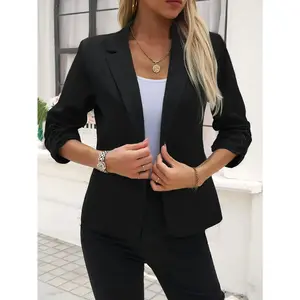 Womens Beige Casual Blazer Open Front Three Quarter Sleeve Womenswear Solid