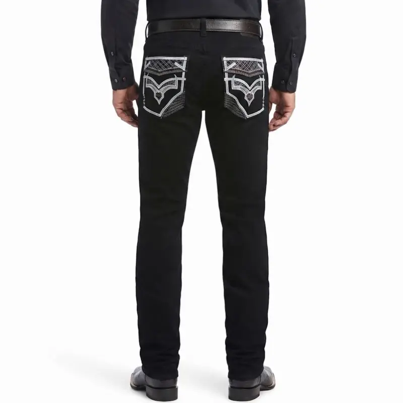 Men's Western Style 5-Pocket Denim Jeans in Black, Stylish and Casual Streetwear Bottoms for a Modern Look, Menswear, Pants, Fashion Apparel, Chic, Aesthetic, Fancy, Clothes, Outfits, Elegant, Plaid, Casual Wear, Full Length