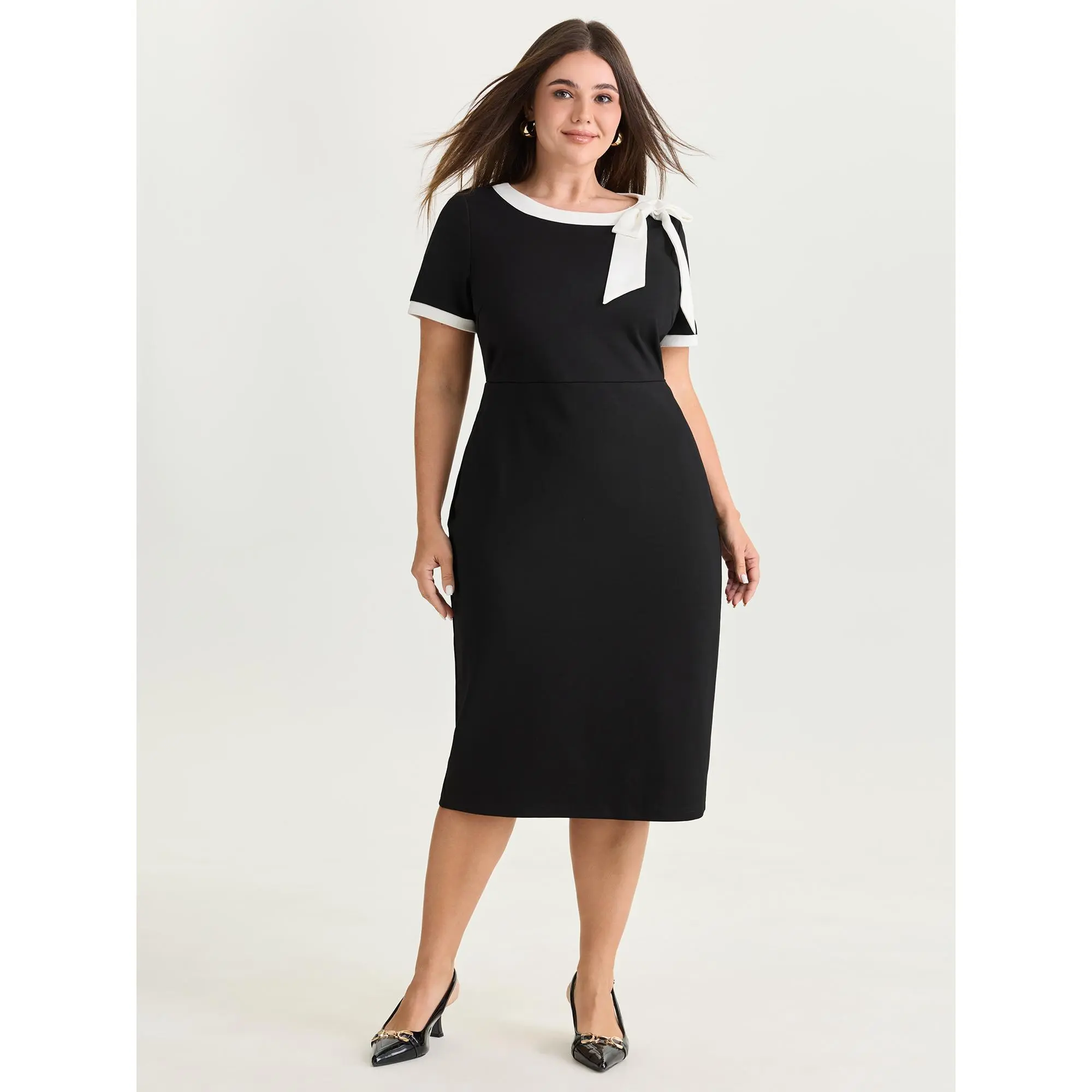 BloomChic Women's Plus Size Elegant Office Dress in Stretch Cotton Blend, Black Short Sleeve Medium Length Garment, Low Iron, Short Sleeves, Elastane, Polyester, Spandex, Fabric, Curvy Dresses Plus Size, Shortsleeve, Black Dresses For Women
