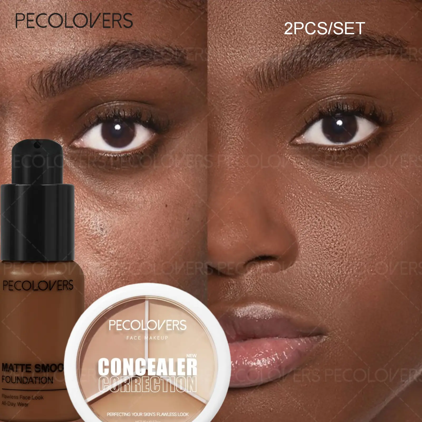 2pcs/set Full Coverage Foundation & 3-Color Concealer Palette - Moisturizing Face Foundation Cream Waterproof Long Lasting Oil Control Full Coverage Pores Dark Circles Face Base Brighten Wheat Tone Liquid Foundation