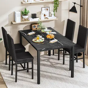 AWQM Dining Table Set for 4 - Faux Marble Kitchen Table and 4 Upholstered PU Leather Chairs with Black Upholstered Design, Waterproof Wine