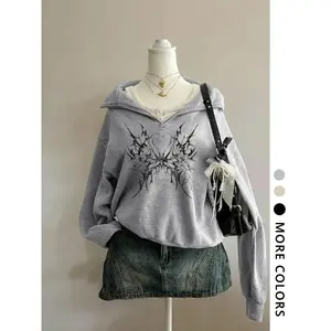 Women's Graphic Print Wing Hoodie, Long Sleeve Casual Fitted Half-Zip High Neck Pullover Sweatshirts, Perfect for Fall & Winter, Versatile Y2K StyleRAIMENTRY