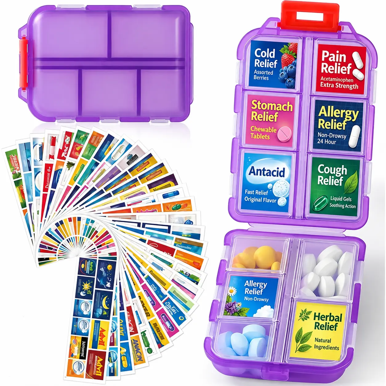 Travel Pill Organizer Box with 146 Labels, 10 Compartment Small Pill Case Medicine Kit, Portable Pocket Purse, Daily Weekly Vitamin Supplement Medication Holder,halloween (no pills)