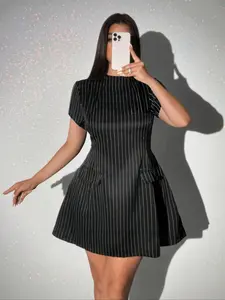 Plus Size Women's New Short Sleeve Striped Waist Mini Dress, Ideal for Daily Wear and Commuting, Stylish Summer, Comfortable Fit