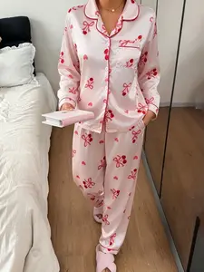 Bow Collar Button Front Long Sleeve Top and Casual Elastic Pants Set, Women's Home Wear Loungewear Pajama Set, Reusable Sleepwear, Homewear
