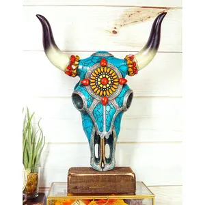 Rustic Western Aztec Mosaic Turquoise Cow Steer Bull Skull Desktop Sculpture