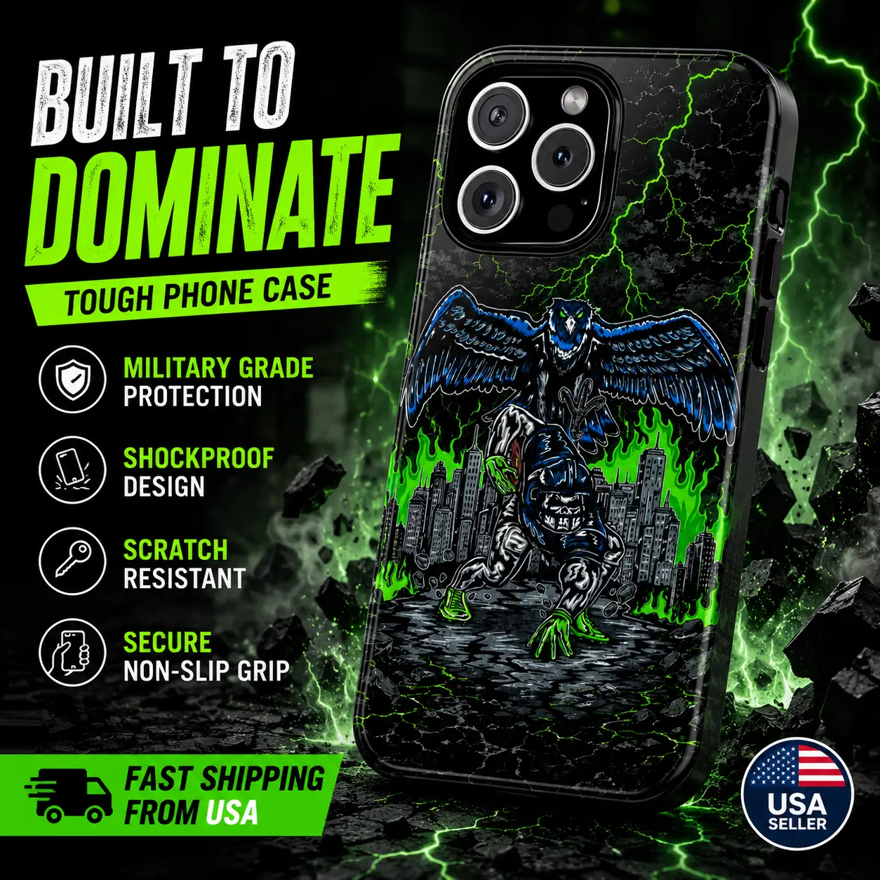 Dark Raven Urban Graphic Phone Case – Military Grade Protective Cover for iPhone 17 16 15 Pro Max 14 Plus 13 12 11