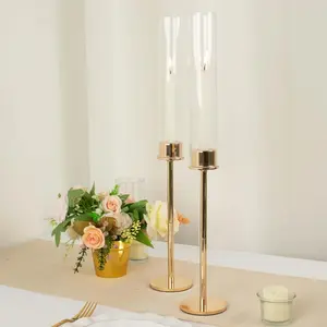 2-Pack Gold Metal Taper Candlestick Holders 20" - Clear Glass Hurricane Candle Stands With Chimney Candle Shades