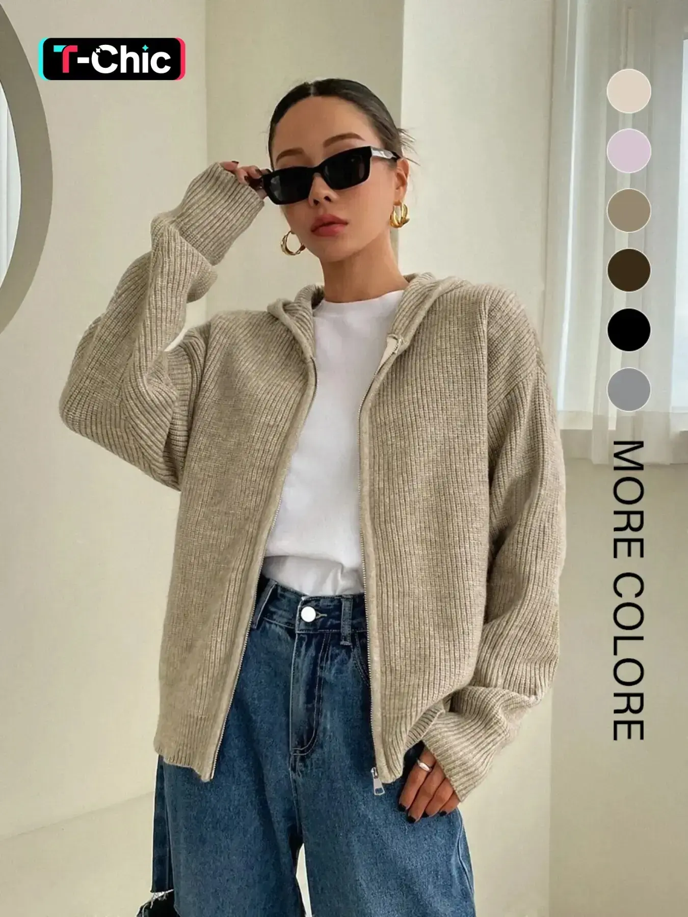 Women's Solid Basic Zip-Up Hooded Sweater Cardigan, Casual Cardigan Top, Casual Fitted Drop-Shoulder Long-Sleeve Everyday Womenswear Cardigan, Women Knitwear Knitting for Fall & Winter Daily Wear