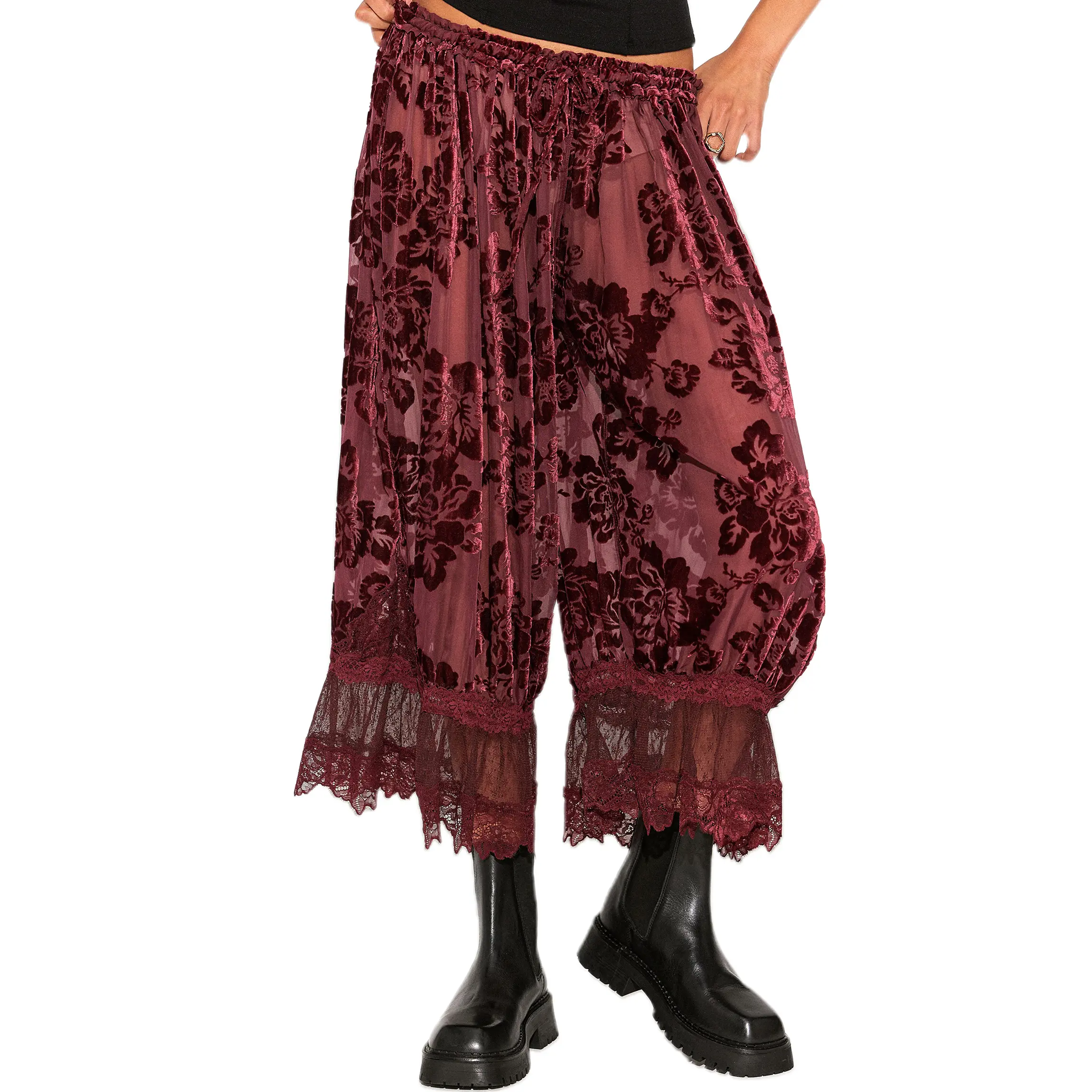 Buenoble Women's Forever Young Burnout Bloomer Pants Vintage Velvet Floral Lace Pants Soft Sheer Pull-On Pants