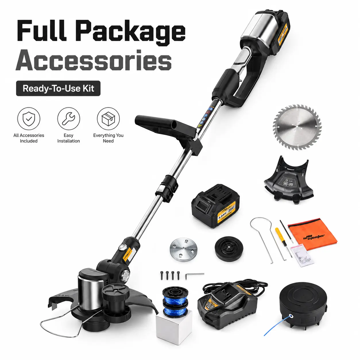 20V Cordless Weed Wacker & Brush Cutter Kit - With Battery, Charger, Adjustable Telescopic Shaft, Nylon Line, Metal Blade - For Lawn Edging, Overgrown Weed Trimming