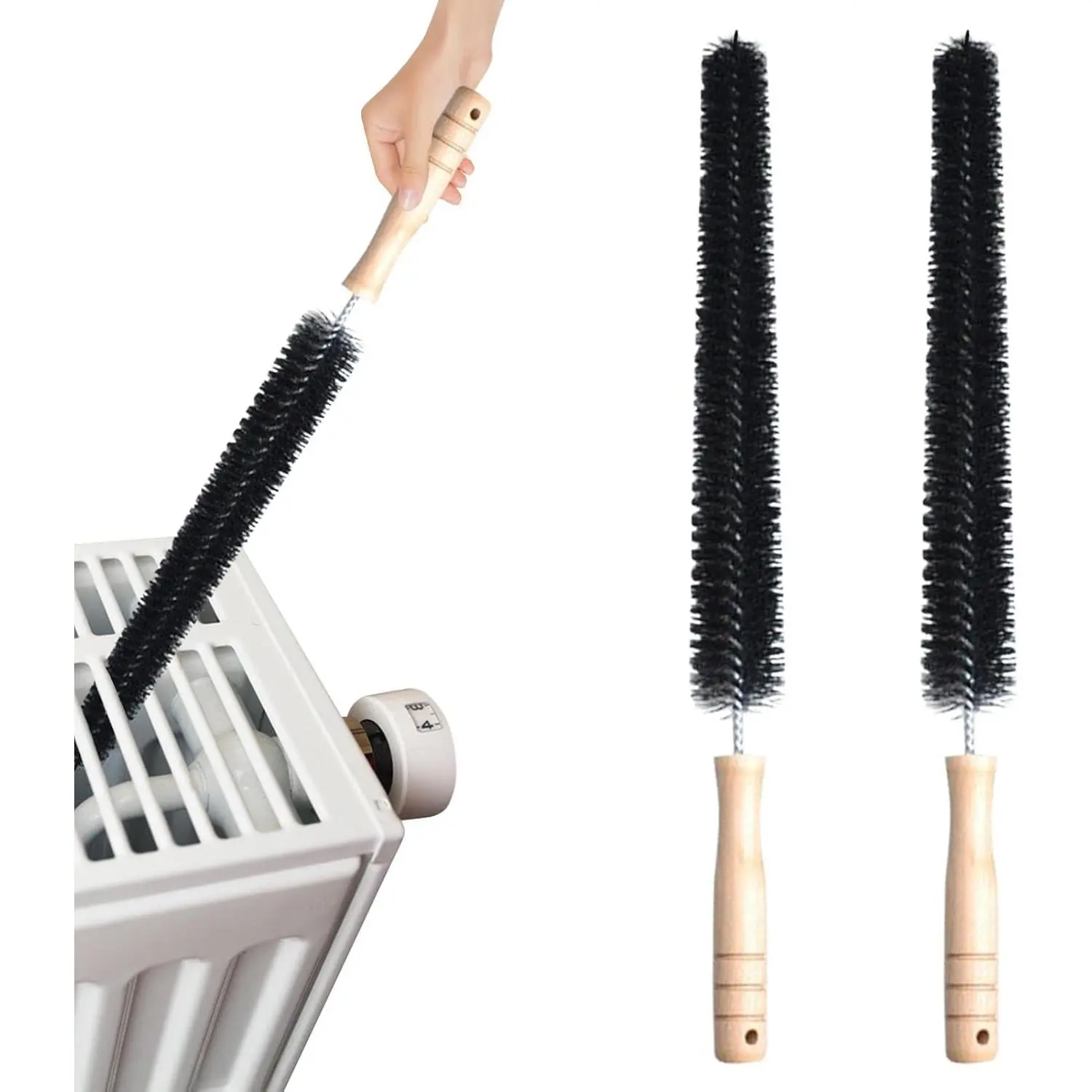 2 Pack Radiator Brush, Dryer Cleaner Vent Brush, 40 cm Long Flexible Pipe Refrigerator Coil Brush, Vent Cleaner Brushes with Wooden Handle for Refrigerators, Baseboards(Black)