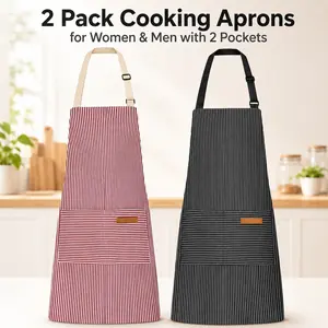 2 Pack Cooking Aprons for Women Men with 2 Pockets, 29.5" x 26.8" (Black Pinstripes/Pink Pinstripes)