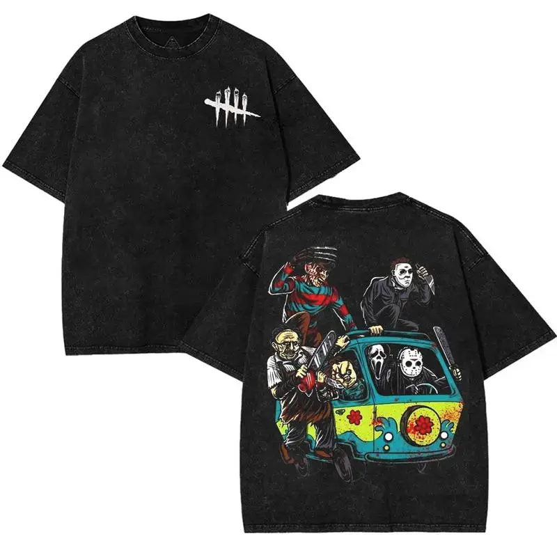 Men's Cotton Washed Oversized Ribbed Shortleeve Tshirt - Halloween Scary Cartoon Character Print Dead By Daylight Apparel, Casual Classic Gaming Streetwear Top, Seamless, Shortsleeve, Stylish, Fabric, Round Neck, Soft, T-Shirt, Casual Fit