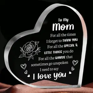 Love Mom Gift Cheap Gifts for mom Heart Shaped Acrylic Block keepsake, Flower & LetterPattern Decorative Ornament, Christmas Gifts Thanksgiving 'Day Gift Room DecorInspirational best mom award Gift