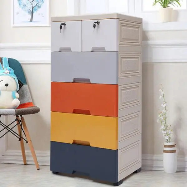 5-Tier Modern Plastic Storage Cabinet Chest - Space-Saving Multi-Use Indoor Cupboard with 2-Lock Drawers, Assembly Required for Bedroom Furniture, None