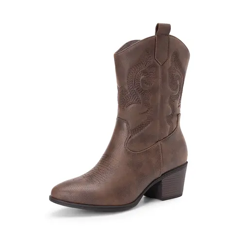 DREAM PAIRS Women's Cuban Cowboy Boots - 4mm Mid-Calf Cloth Shoes with Embroidered Beads, Round Toe, Chunky Low Heel, Cowboy Aesthetic, Cowgirl & Outlaw Style, for Date Nights, Festivals, All-Season Casual Footwear,outdoorfun