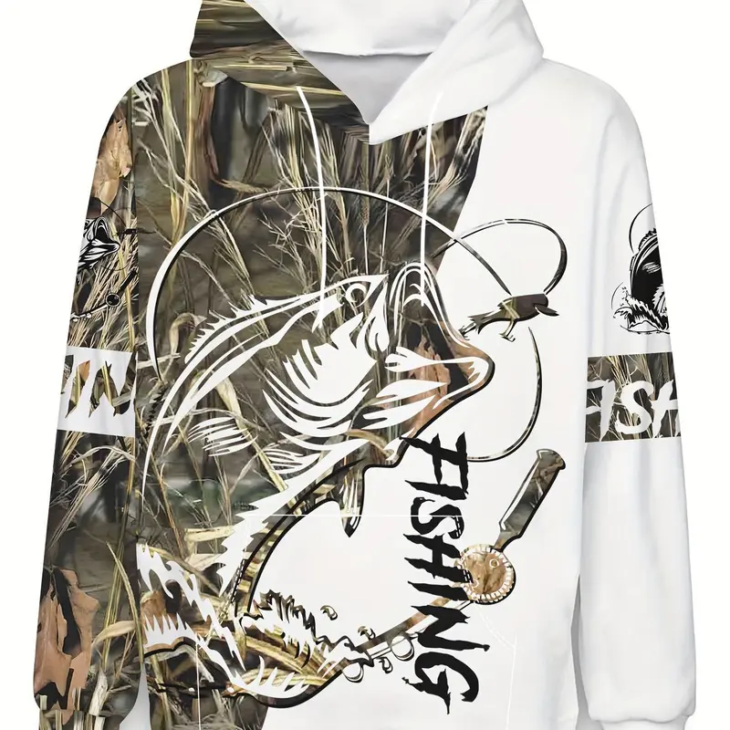 Men's Novel Fishing Pattern Hooded Sweater - Printed Hooded Casual Style Polyester Knitted Fabric with Slight Elasticity - Regular Version Hooded Sweater with Camouflage and Fish Pattern Design - Graphic Print Aesthetic