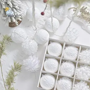 12-Piece White Christmas Ball Ornament Set with Lace Trim, Plastic Balls, Tree Hanging Decorations for Farmhouse Home Holiday Parties