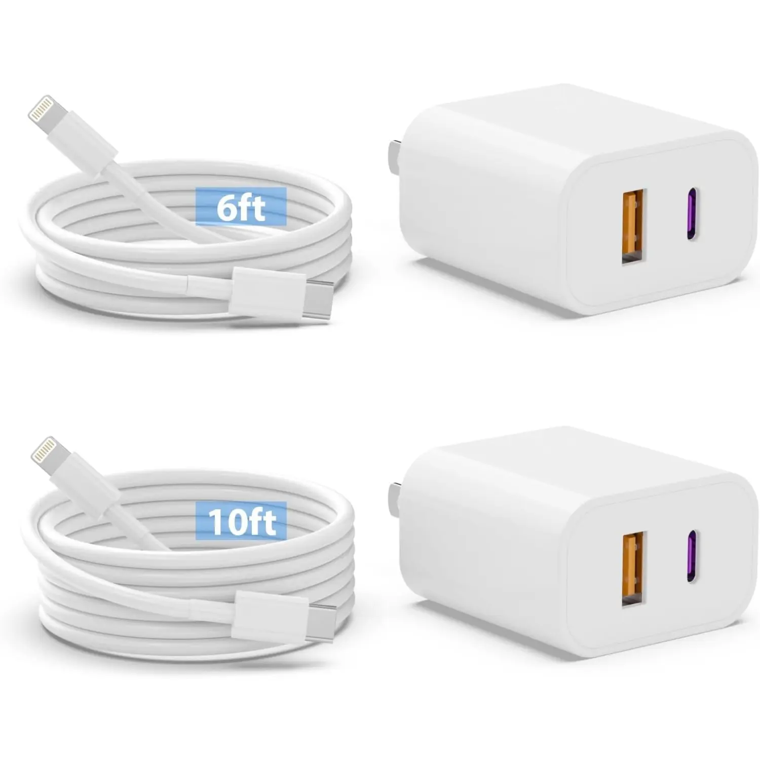 For iPhone Charger, 2 Pack 20W Dual Port USB Fast Wall Charger Block, (2-Pack 6FT&10FT Super Fast Charger Cable Included) USB C Charger for iPhone 14 13 12 11 Pro Max XR XS X,iPad More