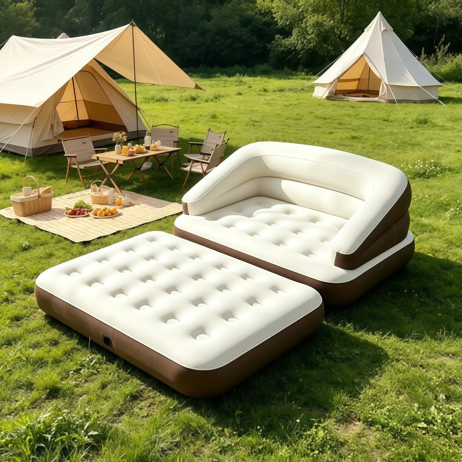 5-in-1 Convertible Inflatable Futon, Twin Size Blow-Up Sofa Bed with High Back and Attached Headrest, Portable Couch for Camping, Travel & Indoor Use, Furniture, Outdoor