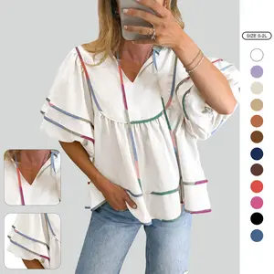Imily Bela Womens Summer Babydoll Tops V Neck Short Lantern Sleeve Shirts Cute Loose Fit Peplum Flowy Blouses