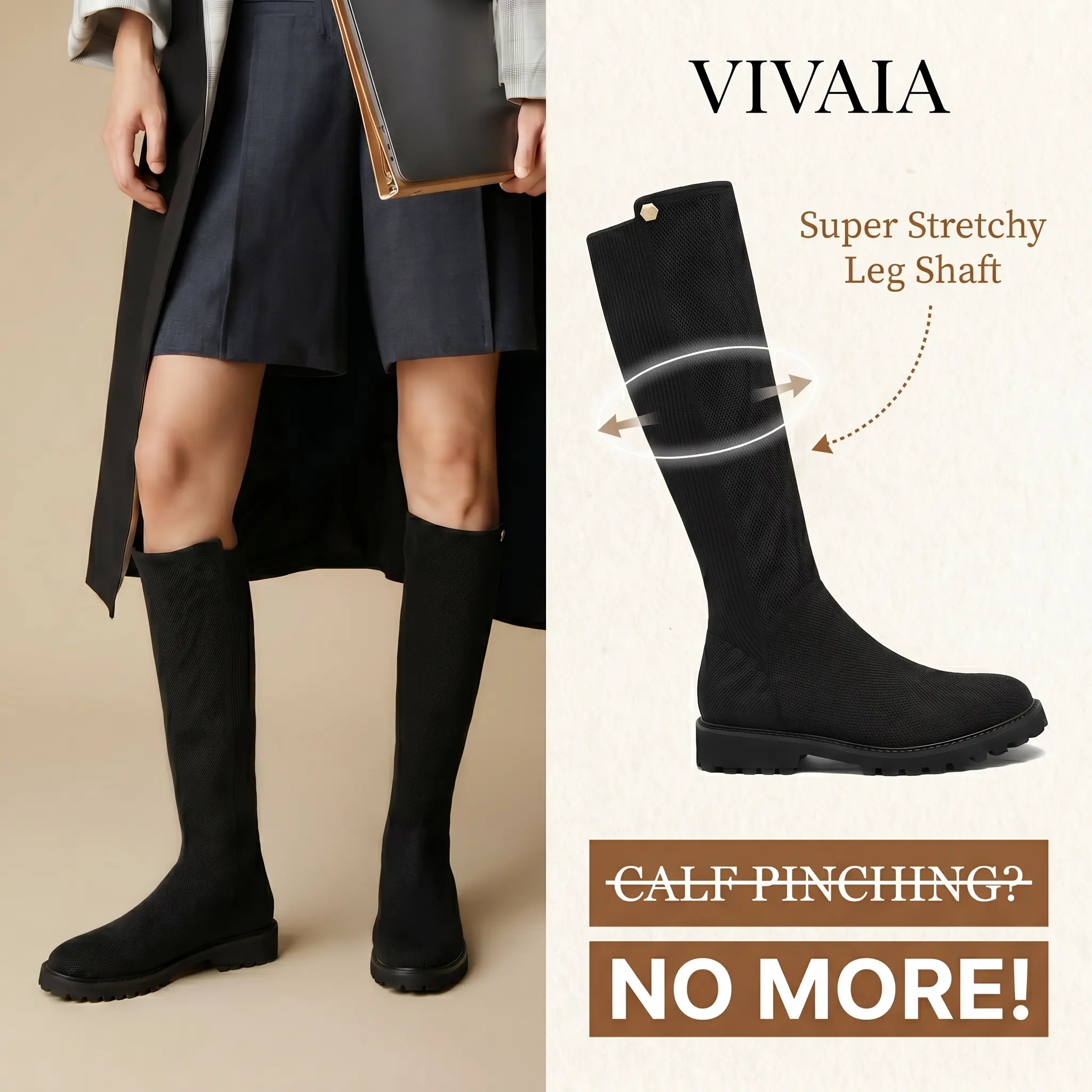 VIVAIA Women Round-Toe Stretchy Wool Knee-High Boots, Wide Calf Friendly, extra wide boots, Fashionable and Stylish Boots, Water Repellent Travel Boots, Winter Boots, Knee High Fash high top boot riding Boots (Filipa)