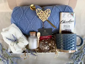 Blue Cozy Gift Box for Her  Care Gift Set | Blanket , Candle Chocolate | Birthday, Thinking of You Gift
