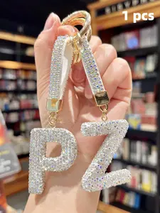 26 Letter Bag Charm Silver Color Initial Keychain Pearl Wristband, Unisex Perfect Gift, Unique Design for Daily Use, Birthday Holiday Special Occasion, Rhinestone Keychain