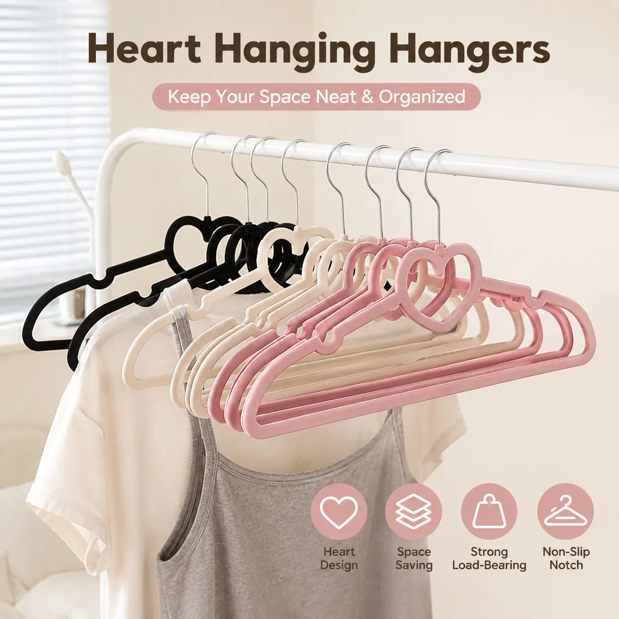 3 Counts, hollow heart and bow shaped clothes hanger with side notches, for dorm bedroom closet to hang garments, straps and small daily accessories