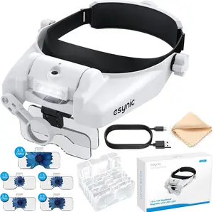 eSynic Rechargeable Head Magnifier Adjustable Head Magnifying Glass with Light Double Lens Design Headband Magnifying Glass 1X to 14X Headband Magnifier with LEDs &5 High Clarity Lens for Reading etc Mother's Day gifts