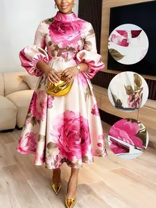 Elegant Chic High Neck Lantern Sleeve Floral Print Womenswear Dress, Fitted Long Dress for Special Occasions, Perfect for Spring Summer Fall Winter