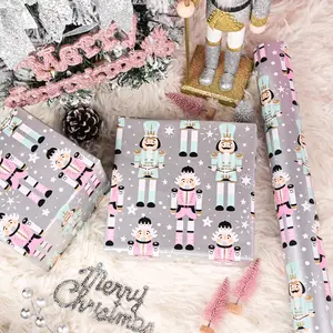 1 Roll Pearlescent Silver Cartoon Nutcracker Theme Double Sided Christmas Gift Wrapping Paper, 17 inches x 16.5 feet , for Holiday Party Celebration Decoration