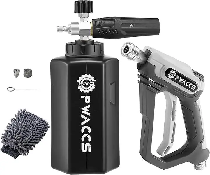 PWACCS Pressure Washer Foam Cannon, 4000 PSI, 1.5L, M22-14mm Fitting, Short Handle, High-Density Foam, Car Wash Kit, Car Wash Sprayer, Stainless Steel Universal Tool, Water Regulator Knob, Spray Lance, Automotive Cleaning Father's Day Gift