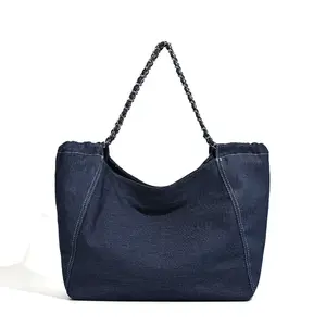 Denim Tote Bag with Chain Strap Large Capacity Shoulder Bag Style Minimalist Everyday Work Commute Handbag Chic Underarm Bag