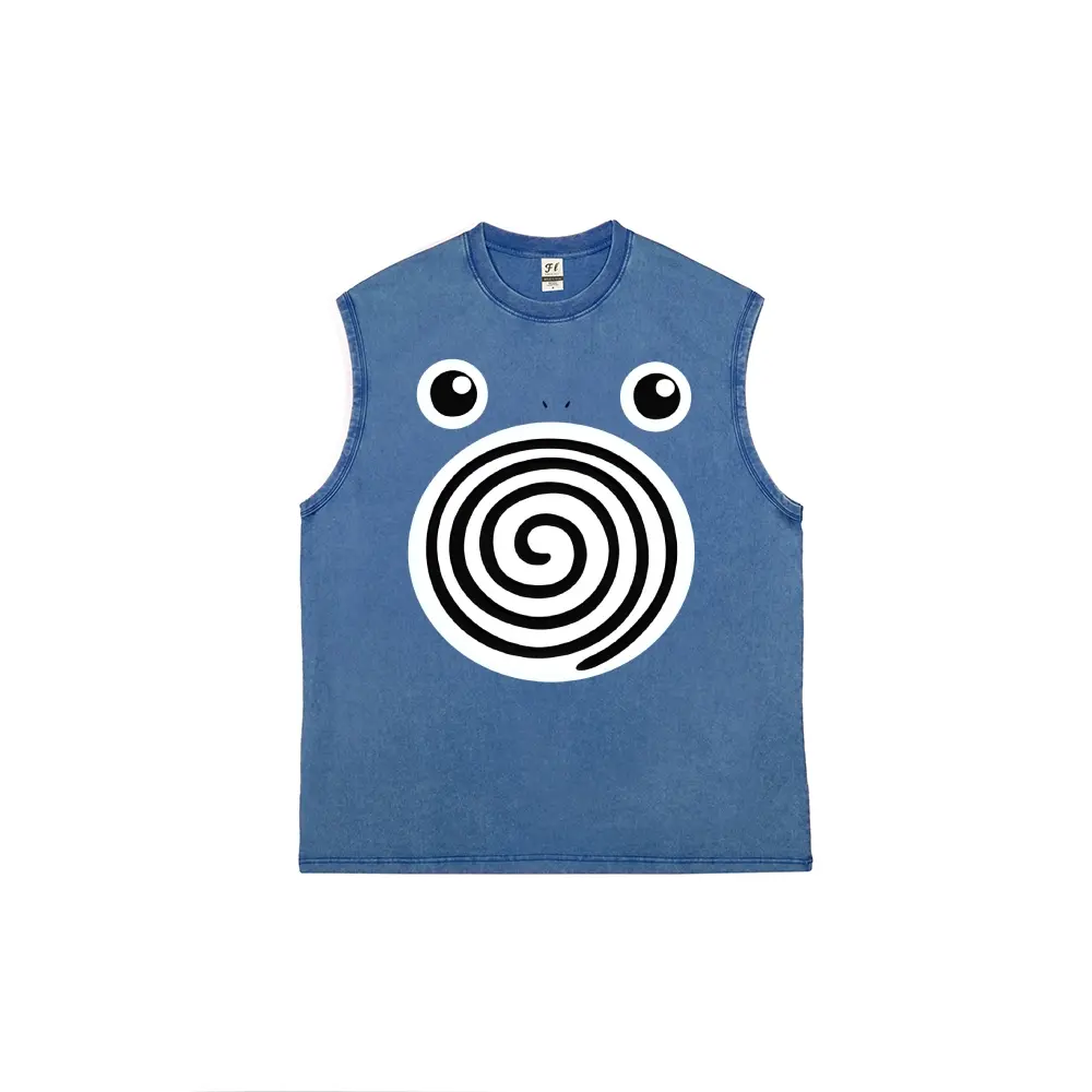 Men's Retro Comfortable Pure Cotton Soft Anime-Inspired Graphic Vest, Unisex Pocket Monsters Washed Everyday Clothes with Spiral Big Eyes Cartoon Art Pattern