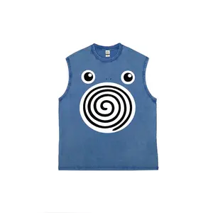 Unisex Pocket Monsters Washed Vest Spiral Big Eyes Cartoon Art Pattern Washed Vintage Vest -Anime Men's Vintage Pure Cotton Soft Tank Top