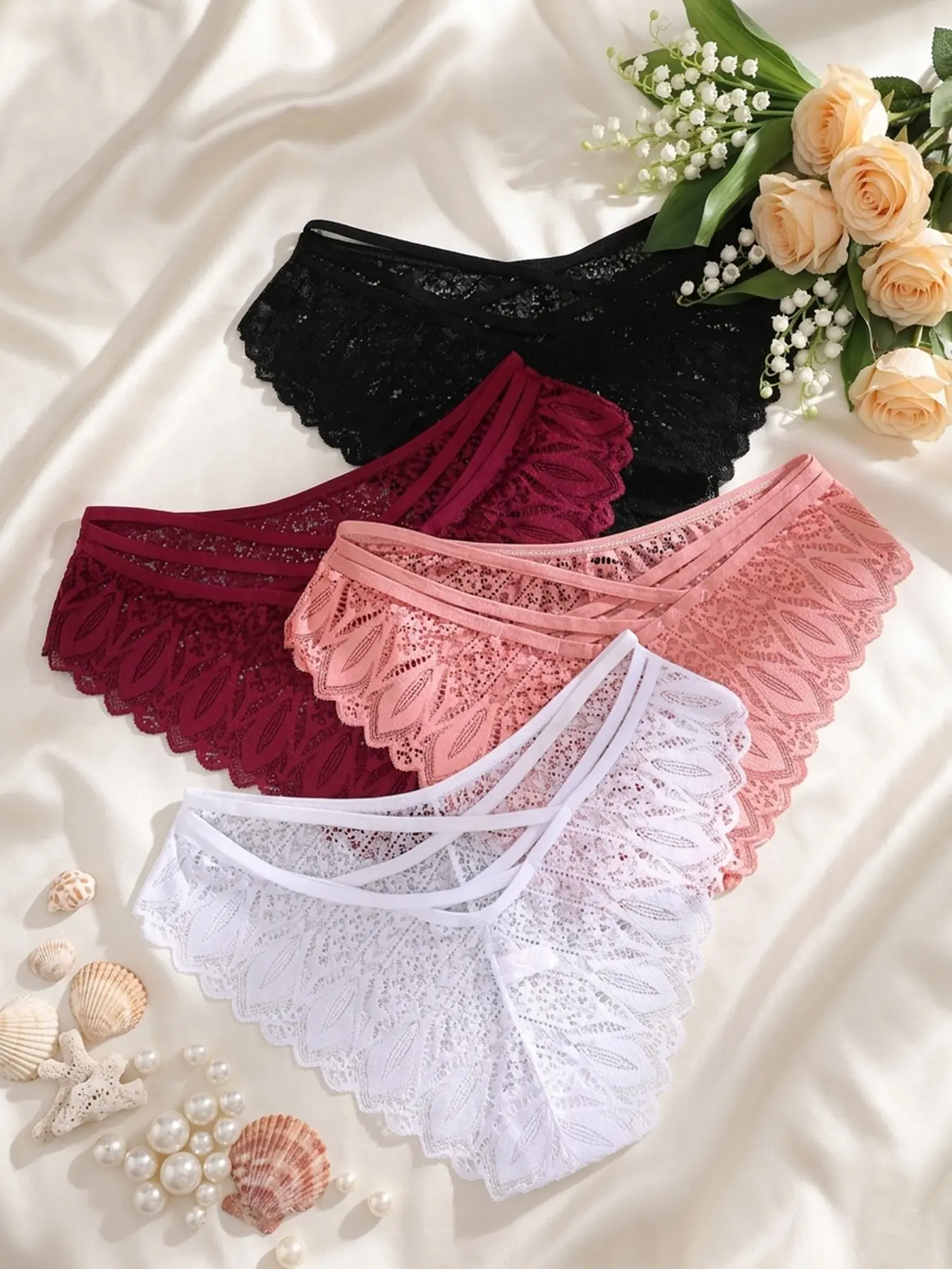 Women's Criss Cross Hollow Out Sheer Lace Knicker, Soft Comfy Fashion Breathable Underwear Fitted Panties Fit Drop Waist Casual Panty for Daily Wear, Ladies Underwear for All Seasons Lace Trim Knickers Womenswear