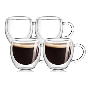 2.5oz Espresso Cups Set of 4 with Handle, Espresso Shot Glasses, Expresso Shots Cup,Clear Double Wall Insulated Espresso Mugs,Tazas de Cafe Expreso, Suit for Espresso Machine, Espresso Essentials