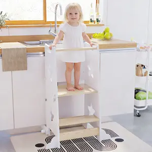OPUL 3-in-1 Toddler Kitchen Step Stool, Foldable Learning Standing Tower with Blackboard, Anti-tip Structure Design, Wooden Kitchen Stool Helper With Chalkboard, Safety Rail, and Standing Tower for Kids, 1-3 Year Old Boy Girl Gifts