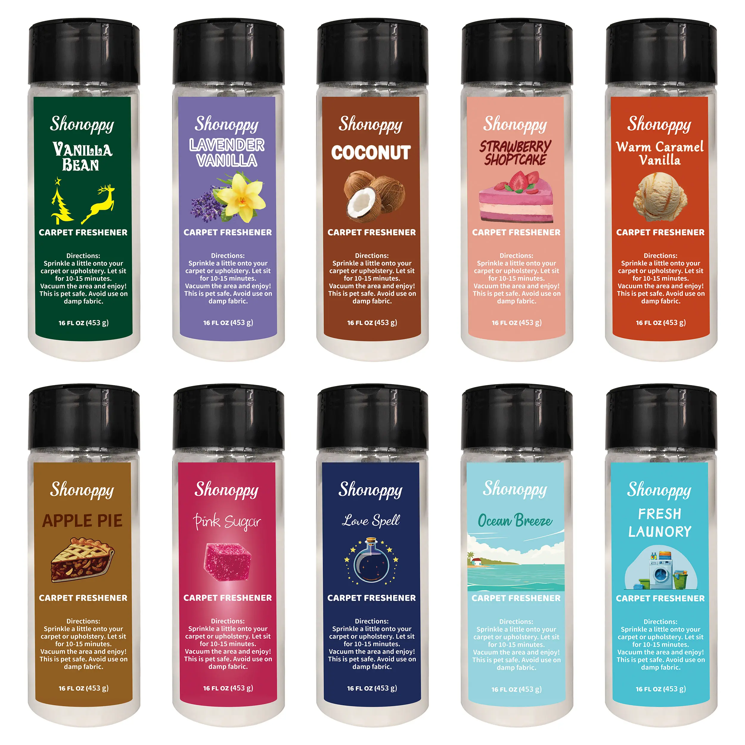 16oz Scented Carpet Deodorizer Powder - Home & Pet Use, Long-Lasting Fresh Clean Fragrance (Vanilla Bean, Pink Sugar), No Strawberry Residue, Upholstery & Car Interior Cleaner, Home Fragrances Apartment Accessory, Multiple