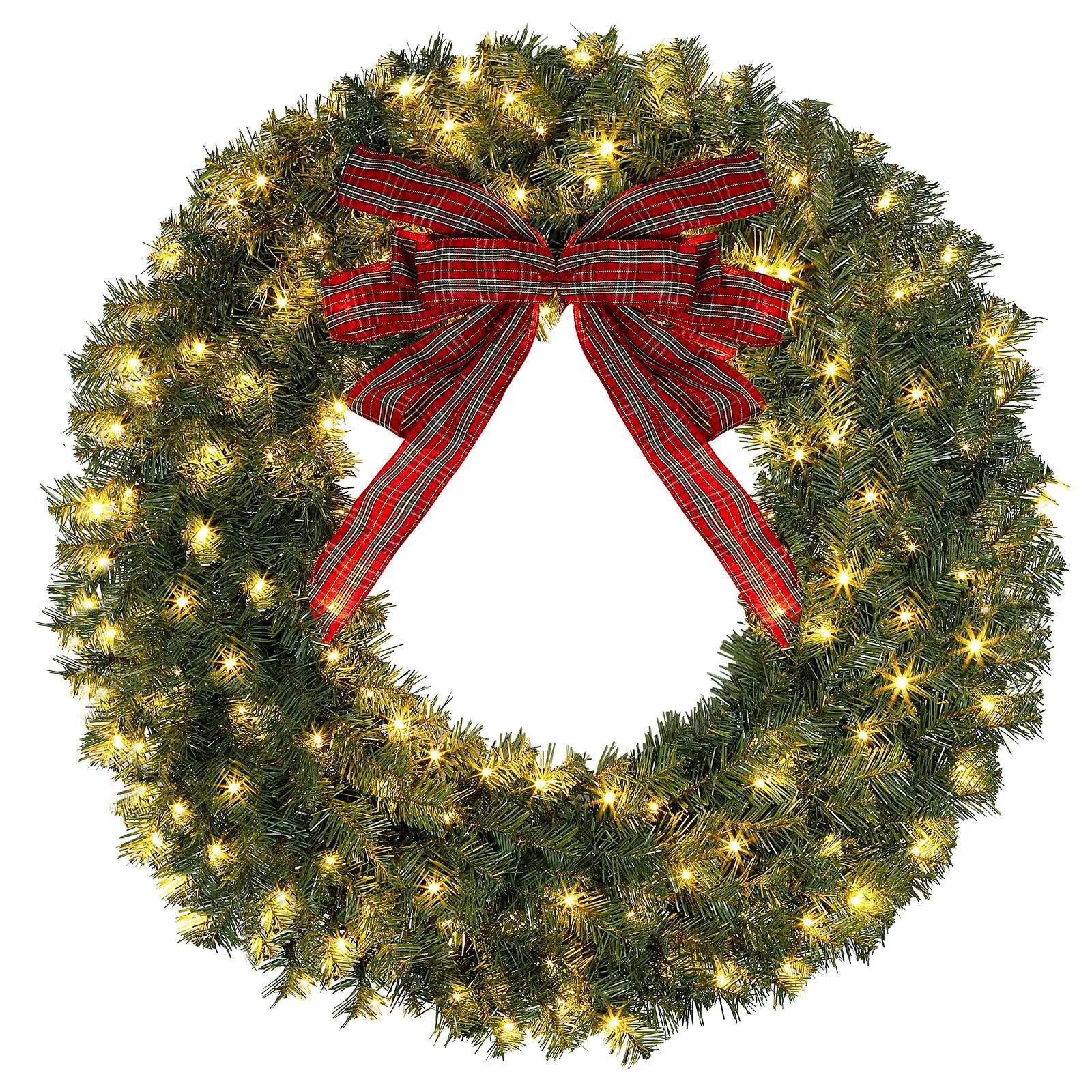 Okicoler 24-Inch Round Metal Wall Pre-Lit Christmas Wreath, 50 LED Lights, 11 Lighting Modes, Red Plaid Bow, 192 Branch Tips, Battery-Operated Indoor Outdoor Holiday Door Decor, Hand