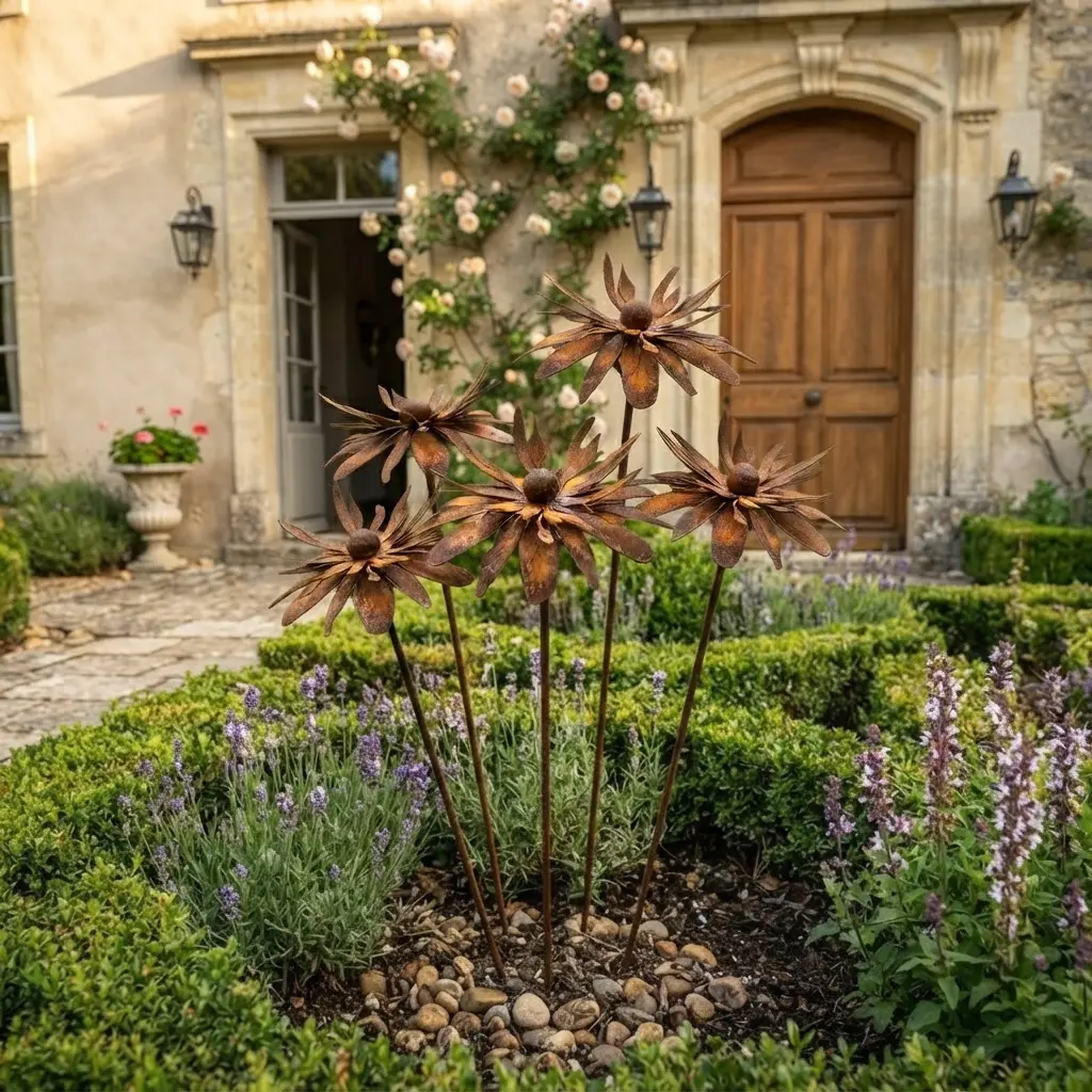 Rust Metal Flower Garden Stakes Set - Vintage Outdoor Yard Art Sculptures for Flower Beds, Pathways, Lawns, and Yard Decor - Hand-Crafted Weather-Resistant Floral Ornaments for Cottagecore Aesthetic and Nature Lovers - Unique Gifts