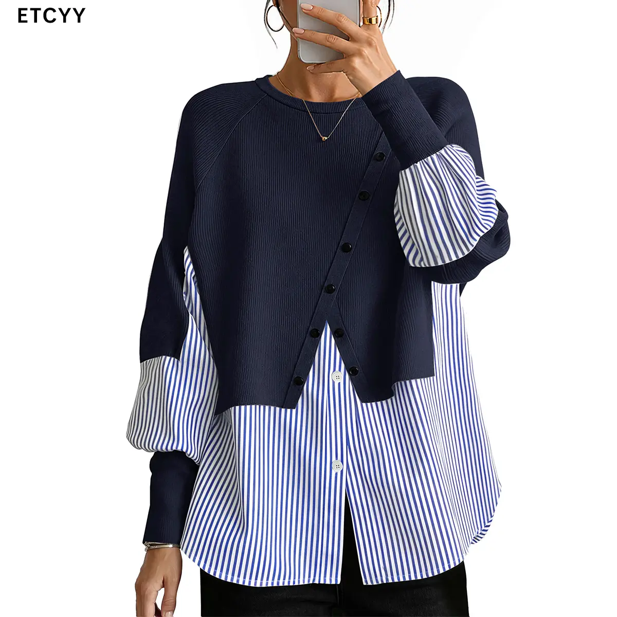 ETCYY NEW Women's 2-in-1 Layered Look Casual Pullover Top, Oversized Striped Knit Round Neck Top with Puff Sleeves, Asymmetrical Slanted Buttons, Fitted Clothes for Business