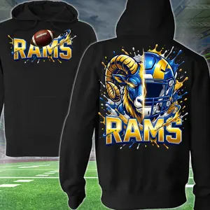 Rams Goat Football 2 Sided Hoodie, Football Player Sweatshirt, Sports Apparel, Gold & Navy Helmet Pullover Classic T-shirt, Graphic Printed Streetwear Top, 100% Cotton, Gift For Fans