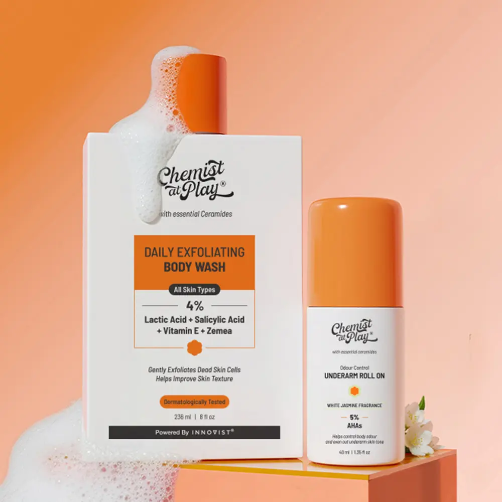 Daily Exfoliation Duo | Exfoliating Body Wash - 8fl oz & Jasmine Underarm Roll-On - 1.35fl oz | Helps Smoothen Skin | Gently Exfoliates with AHAs