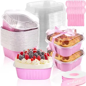 5oz Mini Cake Pans With Lids 50 Pack  Foil Square Brownie Baking Cups,Disposable Loaf Pans With Lids and Spoons Ribbon,Cupcake Pans Muffin Cake Tins Cake Container()