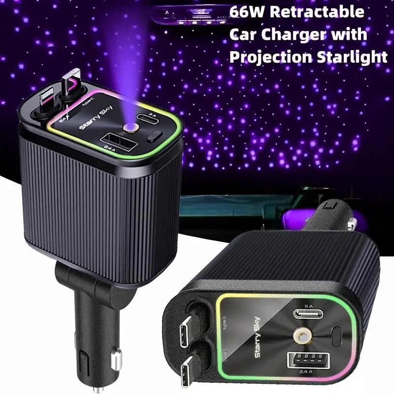 4-in-1 Car Charger with Starlight Effect, Retractable Design, Dual Charging Ports & Lightning Cable for Fast Charging led red light Car Gadgets Car Connectivity Adapter