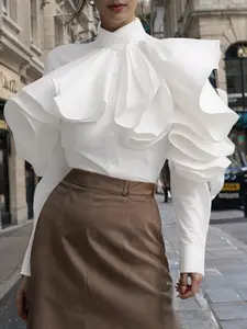 Women's Ruffle Trim Blouse Shirts, Casual Chic Elegant Long Sleeve Button Top for Spring & Fall, Women's Clothing for Daily Wear