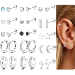 15 Pairs Surgical Steel Cartilage Earrings Set for Women Men 20G Tiny Stud Earrings Cubic Zirconia Hoop Huggie Earrings Screw Flat Back Earrings Tragus Daith Helix Earrings Piercing Jewelry